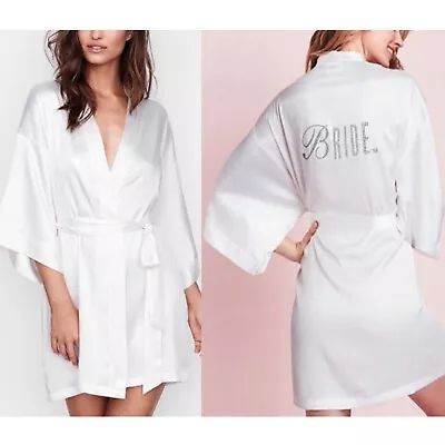 VICTORIAS SECRET Womens White Robe OS Wedding Silky Nightwear Belted I Do Bride • $28.77