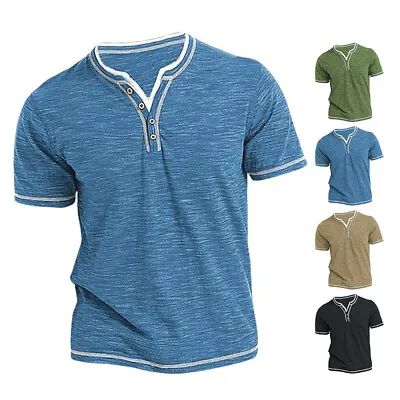 Herren T-Shirt Knopfleiste Vintage Slim V-Ausschnitt Tops Hemd Kurzarm Oberteile • $18.45