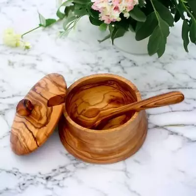 Olive Wood Sugar Bowl With Spoon Kitchen Utensils Spice Bowl Natural • £26.39