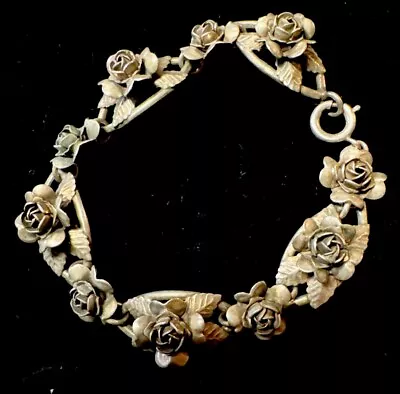 Vintage RARE Sterling Silver Heart Rose Flower Chain Link Bracelet • $95.95