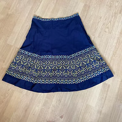 Monsoon Embroidered A-Line Skirt Blue Yellow Size 14 Mexican Frida Kahlo Style • £20