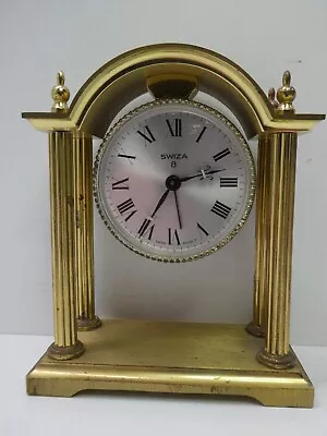 Vintage Brass Column Stand Swiza 8 Day Alarm  Clock • $50.89