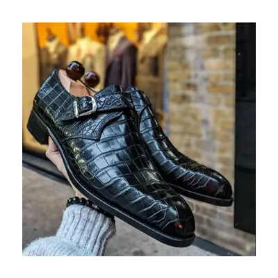Handmade Black Crocodile Texture Leather Single Monk Strap Boots Men Dress Shoes • $119.99