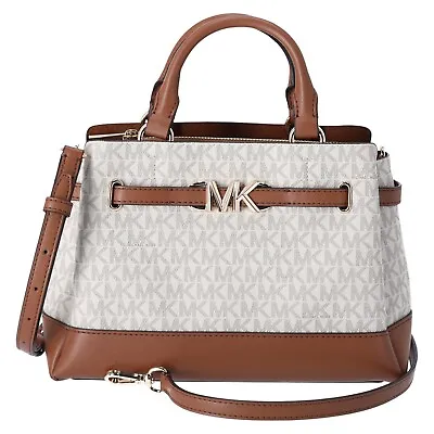 Michael Kors Reed Small Center Zip Logo Belted Satchel Vanilla MK Signature • $119