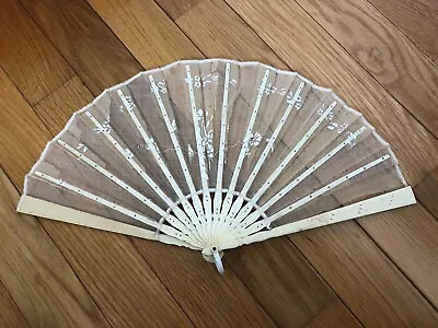 Antique Floral Hand Painted Sequined Lace Folding Hand Fan Carved Bone Spines • $5.99