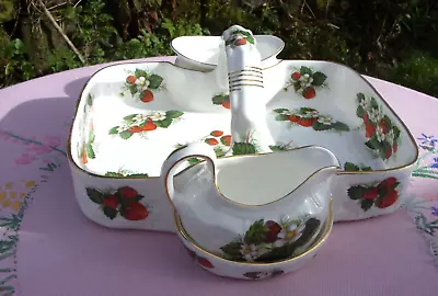 Hammersley Bone China Strawberry Ripe Basket Tray With  Milk Jug & Sugar Bowl Vt • £40