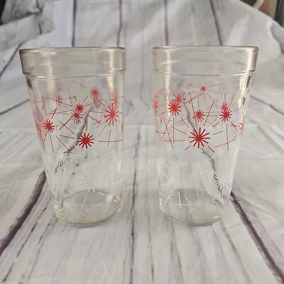 2 Vintage Hazel Atlas Red And White Atomic Starburst Drinking Glasses Tumblers • $21.99