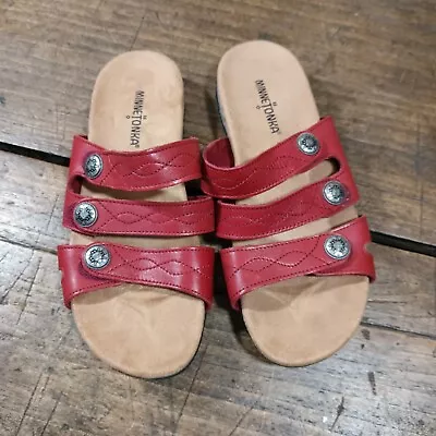 Minnetonka Womens Sz 9 Sandals Red Shoes Slip On Leather Slides Hook Loop • $28.99
