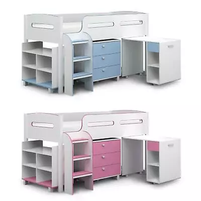 Cabin Bed 3ft Single Bed Frame Desk Shelf Drawer Storage Kimbo Pink/blue Bedroom • £655.99