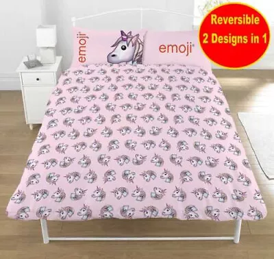 New Emoji Unicorn Double Duvet Quilt Cover Set Girls Kids Pink Purple Bedroom • £11.41