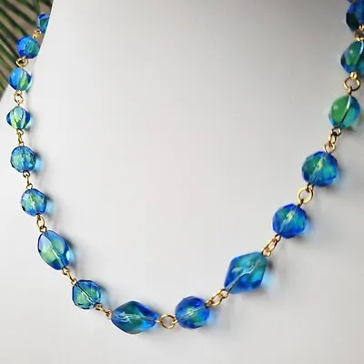 Vaseline Glass Necklace 18'' Uranium Blue Czech Glass Vintage Jewelry Art Deco • $48.50