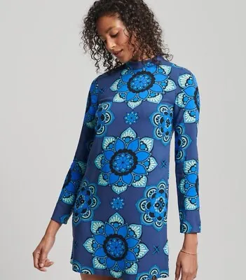 SUPERDRY Long Sleeve Printed Shift Dress Blue Floral 60s 70s Style UK 10 • £24.50