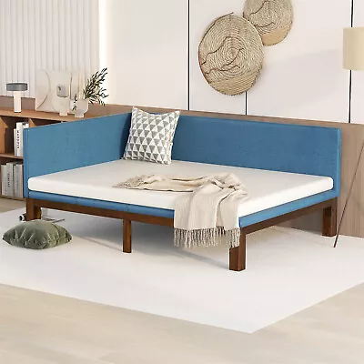 Full Size Daybed Linen Upholstered Bed Frame Sofa Bed Bedroom Furniture Blue • $339.99