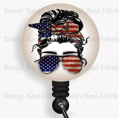 Patriotic Military US Flag Messy Bun Retractable Badge Reel Lanyard ID Holder • $12.71