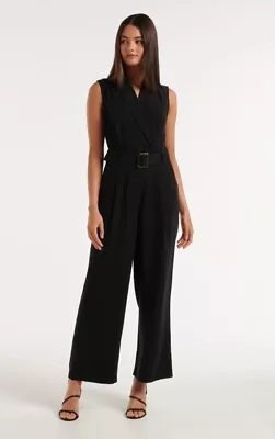 FOREVER NEW Black Tailored Blazer Vest Pant Belted Jumpsuit  Size 8 S • $39