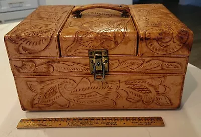 VTG Antique Hand Tooled Leather Train Case Flores Bag Makeup Case Luggage Mexico • $250