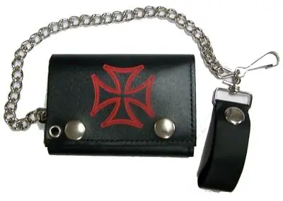 RED IRON CROSS TRIFOLD BIKER WALLET W CHAIN Mens LEATHER #606 NEW Crosses • $18.61