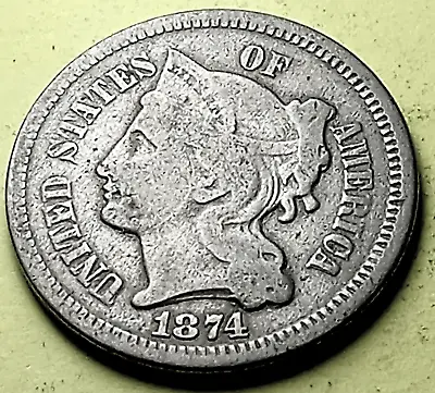 $11.61 • Buy 1874 Liberty Head THREE CENT NICKEL, 3c, Obsolete U.S. ODD TYPE Coin