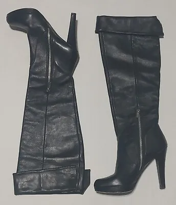 Michael Kors Black Leather Knee High Heel Boots Women's Size 7.5 Zip Up Pull On • $39.45