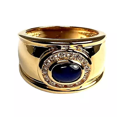 Man's Gold Tone Ring Clear CZ's Surrounding A Oval Simulated Blue Cats Eye Stone • $44.95