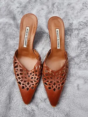 Manolo Blahnik Laser Cut Slide Sandals Tan Brown Leather Sz 37.5 Kitten Heels • $189.99