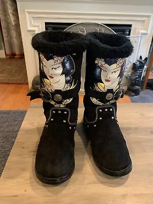 Vintage Ed Hardy Geisha Black Suede Moccasin Boots  Size 8 • $89.99