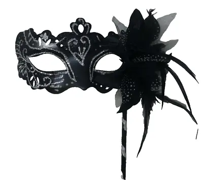 Silver & Black Venetian Masquerade Party Carnival Eye Prom Ball Mask On A Stick • £18.99