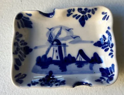 Blue Ashtray  Dish Hand Painted Windmill Holland Small Rectangular Dish Glossy • $12