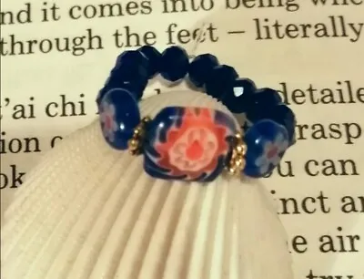 Hand Crafted Pretty Blue Flower Millefiori Glass & Blue Beaded Stretch Ring • £5.90