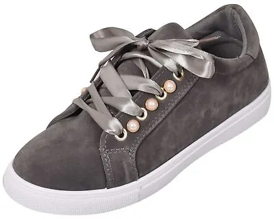 Womens Sneakers Pump Shoes Ladies Velvet Platform Ribbon Lace Flats Plimsolls • £10.88