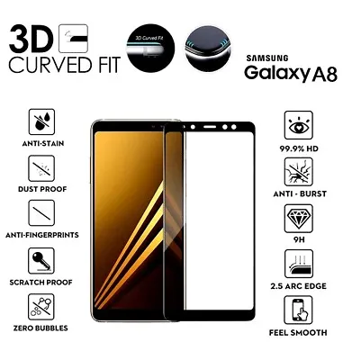 For Samsung Galaxy A8 (2018) 3D Curved Tempered Glass LCD Screen Protector Black • £3.45