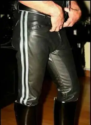 $129.99 • Buy Men's Black Leather Biker Pants Breeches Trousers 