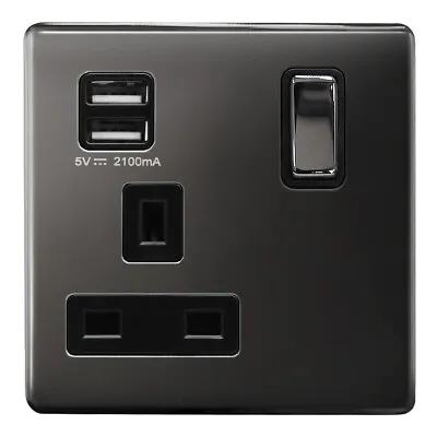 £12.99 • Buy Single Wall Plug Socket 1 Gang 13A With 2 USB Ports Screwless Slim Flat Plate 