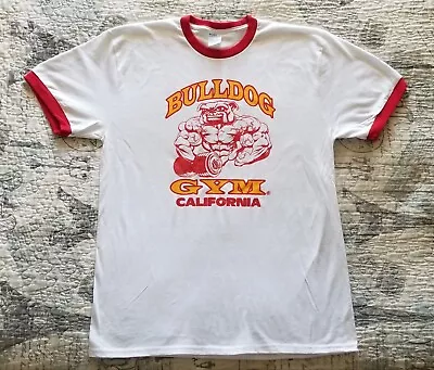 Bulldog Gym Bodybuilding Muscle White / Red / Vintage Gold Ringer T-Shirt • $17.95