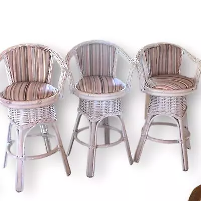 Wicker Vintage White 27  Swivel Bar Stools W/ Upholstered (Set Of 3) • $269.79