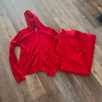 Y2K Juicy Couture Velvet Velour Red Tracksuit Top Size XL Bottom Size M • $200