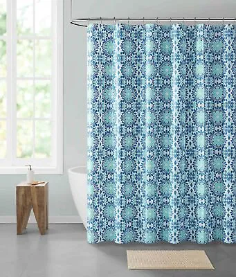 Blue Teal White Medallion Design PEVA Shower Curtain Odorless ECO Friendly • $11.99