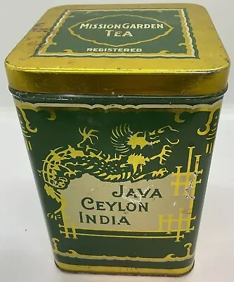Vintage 6” Mission Garden Tea Tin Java Ceylon India Green Gold Lucky Dragon • $23.95
