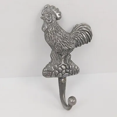 VTG Rooster Chicken Wall Hook Pewter Look Cast Aluminum Screw Mount 7  Retro • $14.97