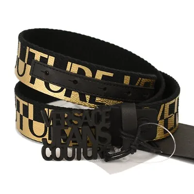 VERSACE JEAN COUTURE Black Gold LOGO Coated Cotton Ribbon Belt 80 32 Italy NWT • $174.99