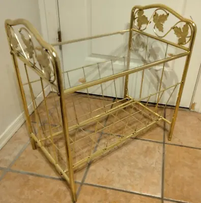 Vintage Hollywood Regency Goldtone Metal Glass Top Magazine Rack End Side Table • $75