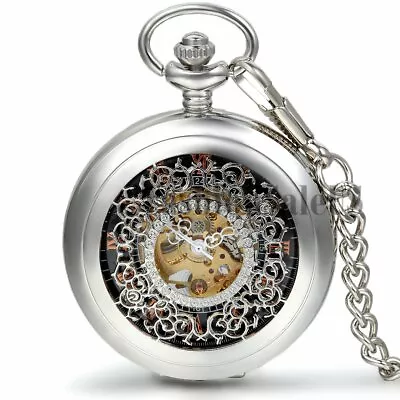 Men's Hand Winding Mechanical Skeleton Roman Numerals Carving Chain Pocket Watch • $17.99
