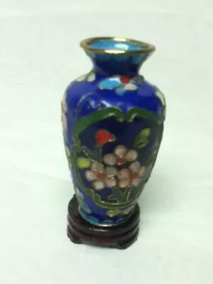 Vintage Beautiful 3.5in H X 2in DBlue Floral Cloissone’ Style Vase With Stand • $11.95