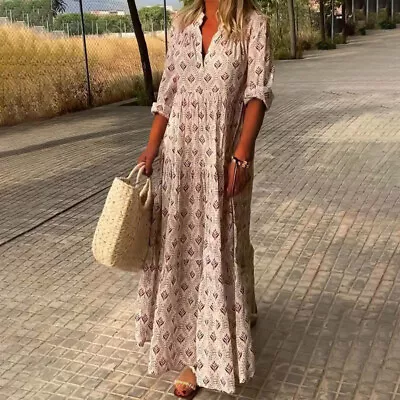 Ladies Long Dress Sleeve Maxi Dresses Women Casual V Neck Party Sexy Ruched • $34.99