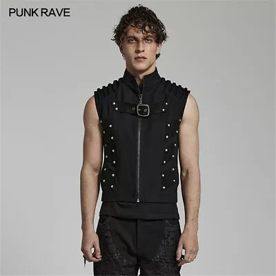 Punk Rave Splicing Rivets Padded Shoulders Wasitcoat Punk Men‘s Zipper Up Vest • $99.99