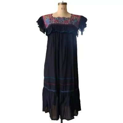 Vintage Boho Mexican Embroidered Dress  Black Midi Short Sleeves M • $45