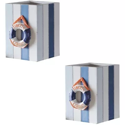  2 Pc Striped Ocean Pen Holder Nautical Wood Pencil Exquisite Storage Box • £21.48