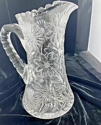 Vintage American Brilliant Large Ornate Cut Crystal Glass Pitcher  • $74.99