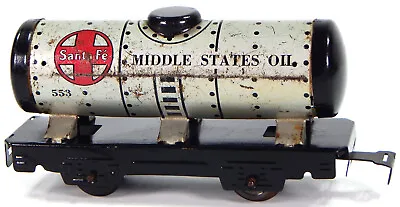 Marx Santa Fe 553 Middle States Oil O Scale Tin Toy Rail Road Tanker Car Vintage • $13.42