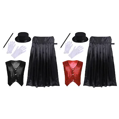 Kids Cosplay Magician Costume Cloak Cape Waistcoat With Hat Wand Gloves Outfits • $16.73